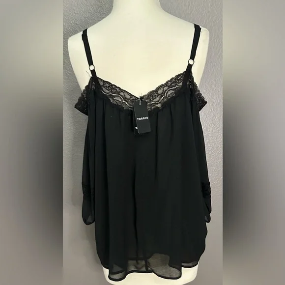 Torrid Elegant Women's Chiffon Black Off-Shoulder 3/4 Sleeve Lace Top Blouse, NW - Picture 6 of 13
